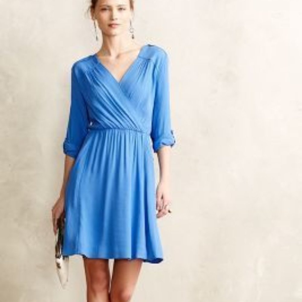 Anthropologie Maeve Lene Crepe Faux Wrap Blue Mini Dress Size Large